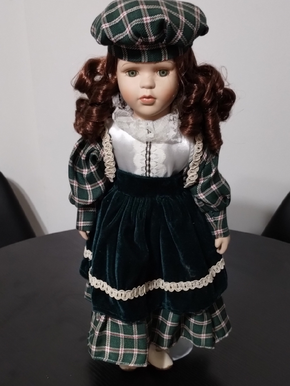 Classic Green Plaid Porcelain Doll with Velvet Dress
